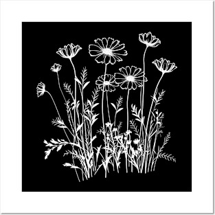 Wildflower Line Art White Floral T-Shirt Posters and Art